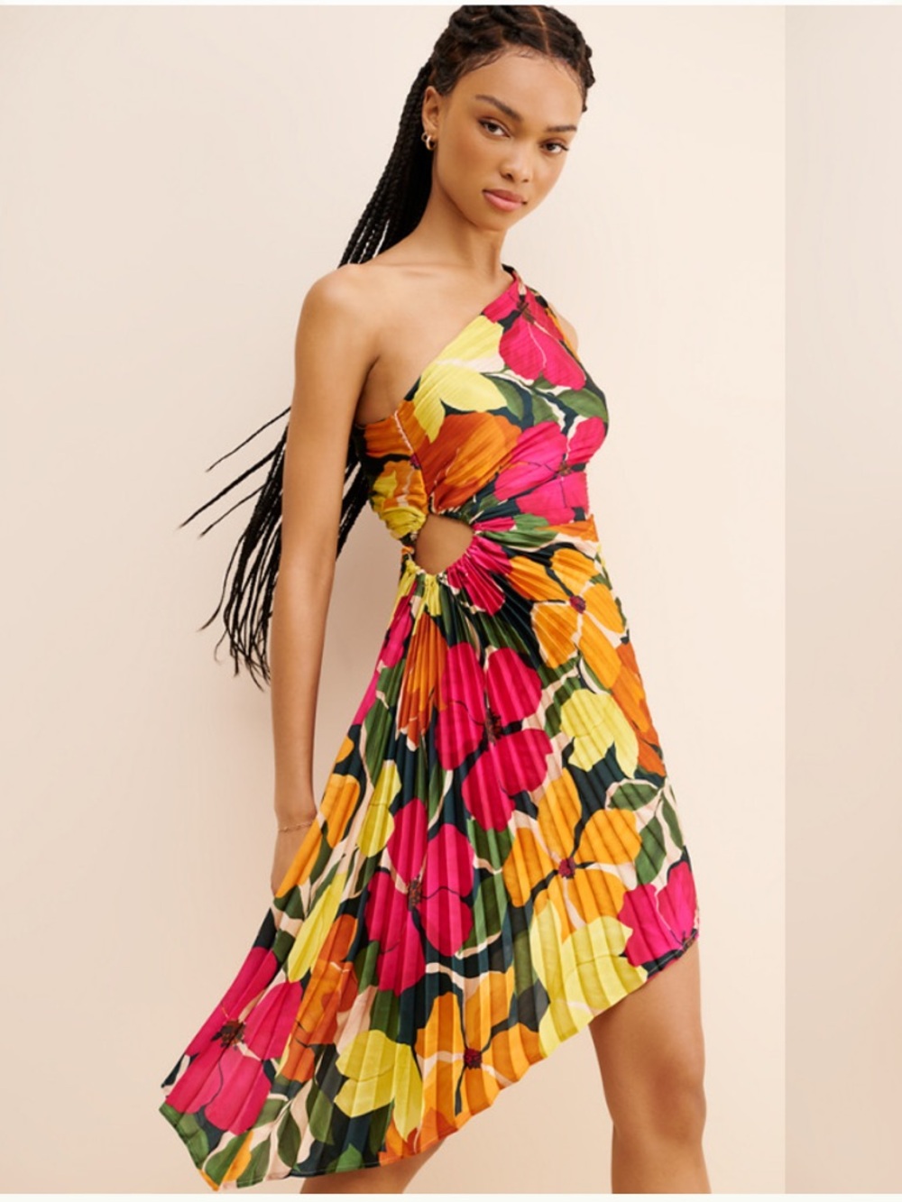NWT Dress Forum One Shoulder Pleated Floral Asymmetrical Dress